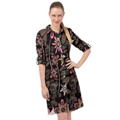 Flower Art Pattern Long Sleeve Mini Shirt Dress by Ket1n9