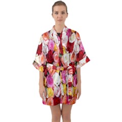 Rose Color Beautiful Flowers Half Sleeve Satin Kimono  by Ket1n9