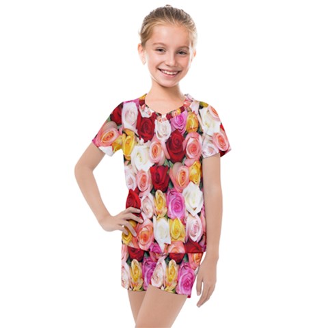 Rose Color Beautiful Flowers Kids  Mesh T-shirt And Shorts Set by Ket1n9