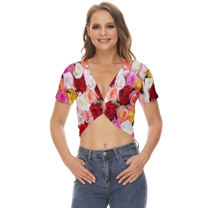 Rose Color Beautiful Flowers Twist Front Crop Top