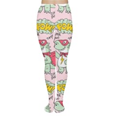 Seamless Pattern With Many Funny Cute Superhero Dinosaurs T-rex Mask Cloak With Comics Style Inscrip Tights by Ket1n9