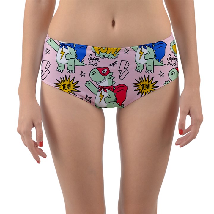 Seamless Pattern With Many Funny Cute Superhero Dinosaurs T-rex Mask Cloak With Comics Style Inscrip Reversible Mid-Waist Bikini Bottoms