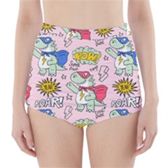 Seamless Pattern With Many Funny Cute Superhero Dinosaurs T-rex Mask Cloak With Comics Style Inscrip High-waisted Bikini Bottoms by Ket1n9