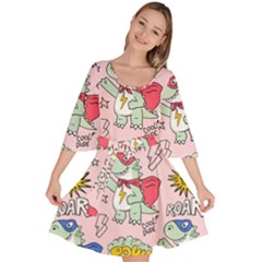 Seamless Pattern With Many Funny Cute Superhero Dinosaurs T-rex Mask Cloak With Comics Style Inscrip Velour Kimono Dress by Ket1n9