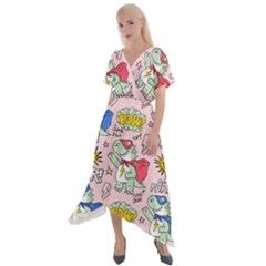 Seamless Pattern With Many Funny Cute Superhero Dinosaurs T-rex Mask Cloak With Comics Style Inscrip Cross Front Sharkbite Hem Maxi Dress by Ket1n9