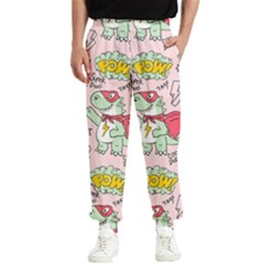 Seamless Pattern With Many Funny Cute Superhero Dinosaurs T-rex Mask Cloak With Comics Style Inscrip Men s Elastic Waist Pants by Ket1n9