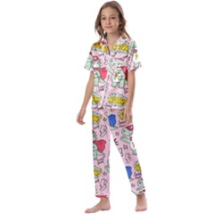 Seamless Pattern With Many Funny Cute Superhero Dinosaurs T-rex Mask Cloak With Comics Style Inscrip Kids  Satin Short Sleeve Pajamas Set by Ket1n9