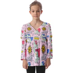 Seamless Pattern With Many Funny Cute Superhero Dinosaurs T-rex Mask Cloak With Comics Style Inscrip Kids  V Neck Casual Top by Ket1n9