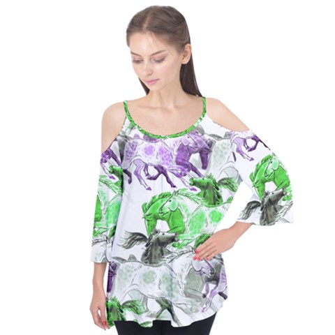 Horse Horses Animal World Green Flutter Sleeve T-shirt  by Ket1n9