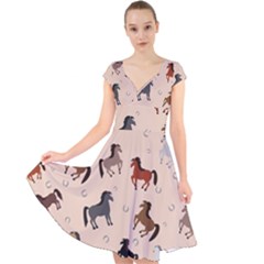 Horses For Courses Pattern Cap Sleeve Front Wrap Midi Dress by Ket1n9