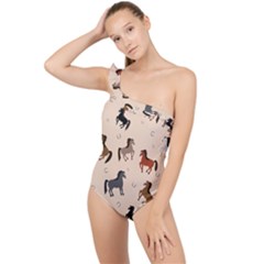 Horses For Courses Pattern Frilly One Shoulder Swimsuit by Ket1n9