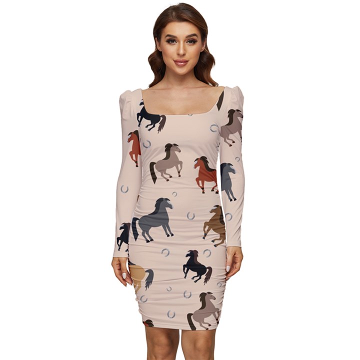 Horses For Courses Pattern Women Long Sleeve Ruched Stretch Jersey Dress