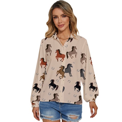 Horses For Courses Pattern Women s Long Sleeve Button Up Shirt by Ket1n9