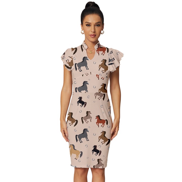 Horses For Courses Pattern Vintage Frill Sleeve V-Neck Bodycon Dress