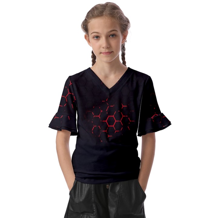 Abstract Pattern Honeycomb Kids  V-Neck Horn Sleeve Blouse