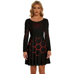 Abstract Pattern Honeycomb Long Sleeve Wide Neck Velvet Dress by Ket1n9