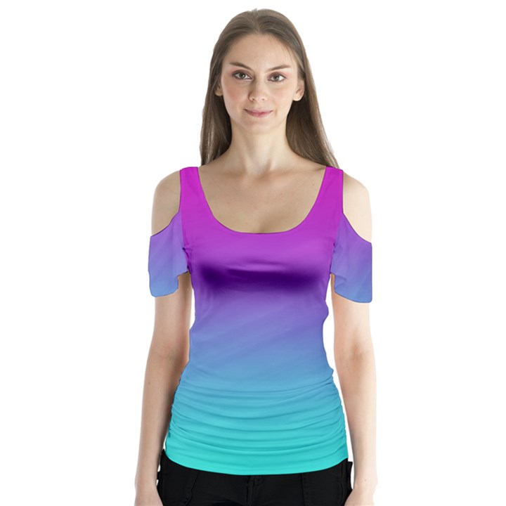 Background Pink Blue Gradient Butterfly Sleeve Cutout T-Shirt 