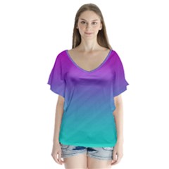 Background Pink Blue Gradient V-neck Flutter Sleeve Top by Ket1n9