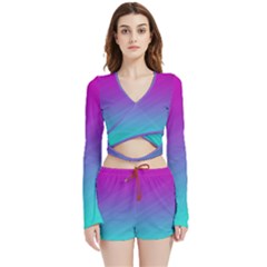 Background Pink Blue Gradient Velvet Wrap Crop Top And Shorts Set by Ket1n9