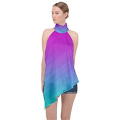 Background Pink Blue Gradient Halter Asymmetric Satin Top by Ket1n9