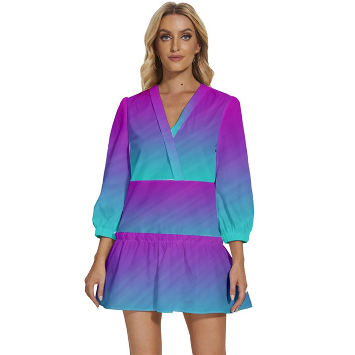 Background Pink Blue Gradient V-Neck Placket Mini Dress