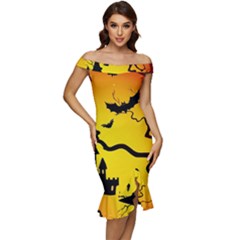 Halloween Night Terrors Off Shoulder Ruffle Split Hem Bodycon Dress