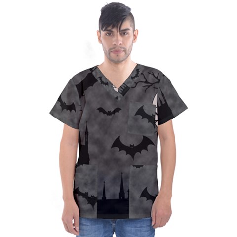 Halloween Background Halloween Scene Men s V-neck Scrub Top by Ket1n9