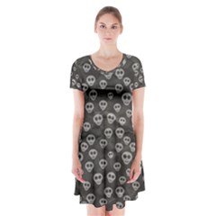 Skull Halloween Background Texture Short Sleeve V-neck Flare Dress by Ket1n9