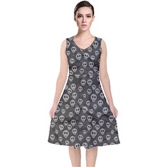 Skull Halloween Background Texture V-neck Midi Sleeveless Dress  by Ket1n9