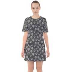 Skull Halloween Background Texture Sixties Short Sleeve Mini Dress by Ket1n9