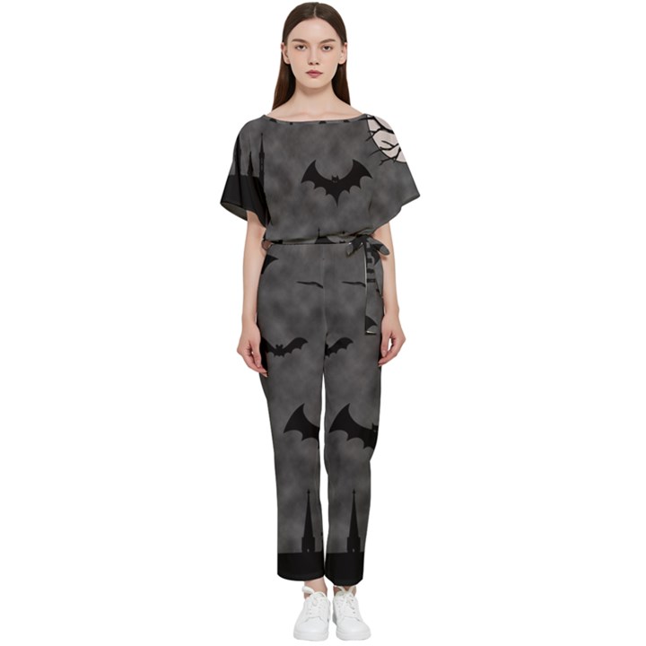 Halloween Background Halloween Scene Batwing Lightweight Chiffon Jumpsuit