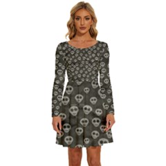 Skull Halloween Background Texture Long Sleeve Wide Neck Velvet Dress by Ket1n9