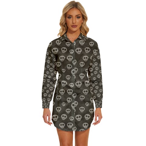 Skull Halloween Background Texture Womens Long Sleeve Shirt Dress by Ket1n9