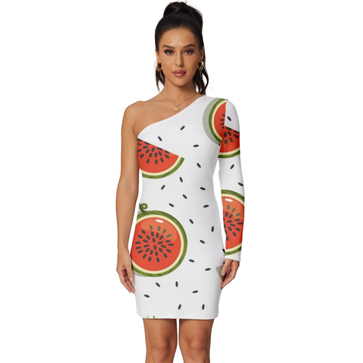 Seamless Background Pattern-with-watermelon Slices Long Sleeve One Shoulder Mini Dress