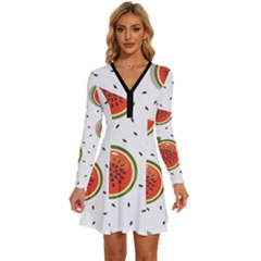 Seamless Background Pattern-with-watermelon Slices Long Sleeve Deep V Mini Dress  by Ket1n9