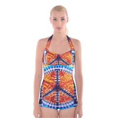 Tie Dye Peace Sign Boyleg Halter Swimsuit  by Ket1n9