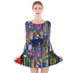 Abstract Vibrant Colour Cityscape Long Sleeve Velvet Skater Dress by Ket1n9