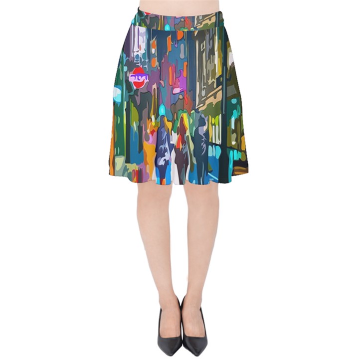 Abstract Vibrant Colour Cityscape Velvet High Waist Skirt