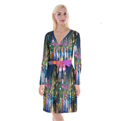 Abstract Vibrant Colour Cityscape Long Sleeve Velvet Front Wrap Dress by Ket1n9