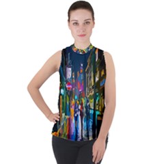 Abstract Vibrant Colour Cityscape Mock Neck Chiffon Sleeveless Top by Ket1n9