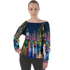 Abstract Vibrant Colour Cityscape Off Shoulder Long Sleeve Velour Top by Ket1n9