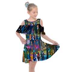 Abstract Vibrant Colour Cityscape Kids  Shoulder Cutout Chiffon Dress by Ket1n9