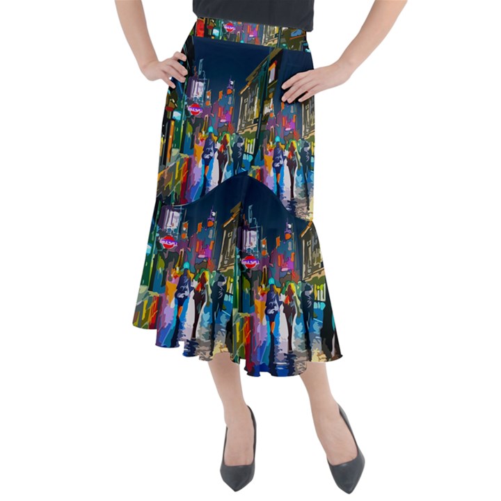 Abstract Vibrant Colour Cityscape Midi Mermaid Skirt