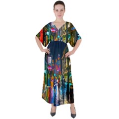 Abstract Vibrant Colour Cityscape V-neck Boho Style Maxi Dress by Ket1n9