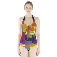 Abstract Vibrant Colour Halter Swimsuit by Ket1n9