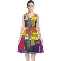 Abstract Vibrant Colour V-neck Midi Sleeveless Dress  by Ket1n9