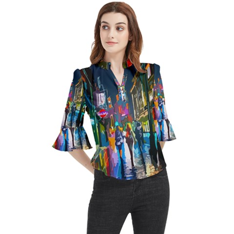 Abstract Vibrant Colour Cityscape Loose Horn Sleeve Chiffon Blouse by Ket1n9