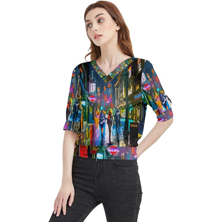 Abstract Vibrant Colour Cityscape Quarter Sleeve Blouse