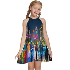 Abstract Vibrant Colour Cityscape Kids  Halter Collar Waist Tie Chiffon Dress by Ket1n9