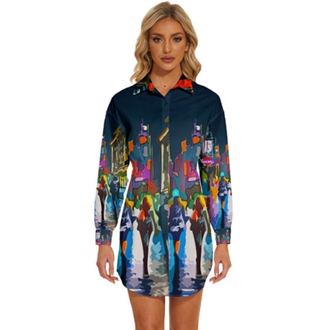 Abstract Vibrant Colour Cityscape Womens Long Sleeve Shirt Dress by Ket1n9